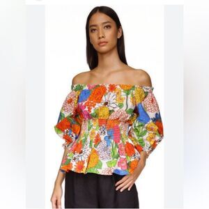 Cara Cara Heidi Smocked Top Shirt Womens S Blue Red Floral Peplum‎ Cotton